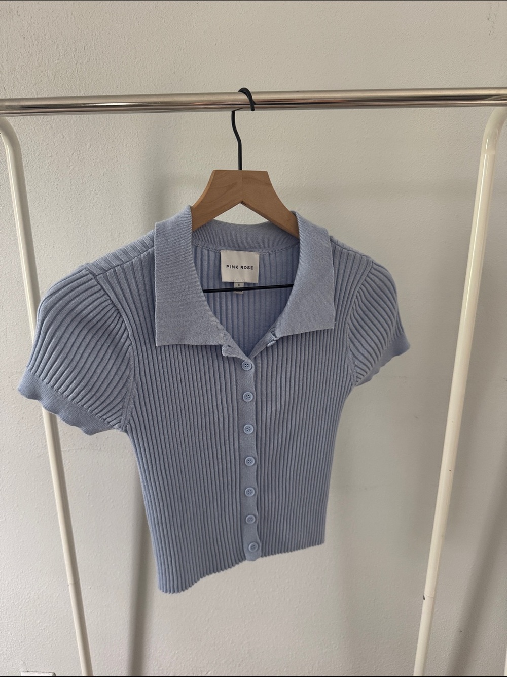 Pink Rose Pale Blue Ribbed Polo Button-Down Top
